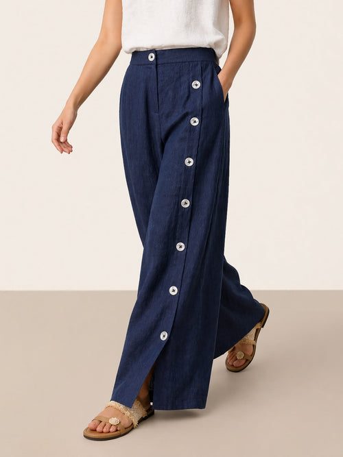 100% Linen Buttoned Slit-Hem Pants KATYA