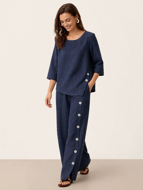 100% Linen Buttoned Slit-Hem Pants KATYA