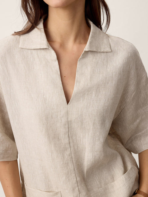 100% Linen Camp-Collar Patch-Pocket Top BRENNA