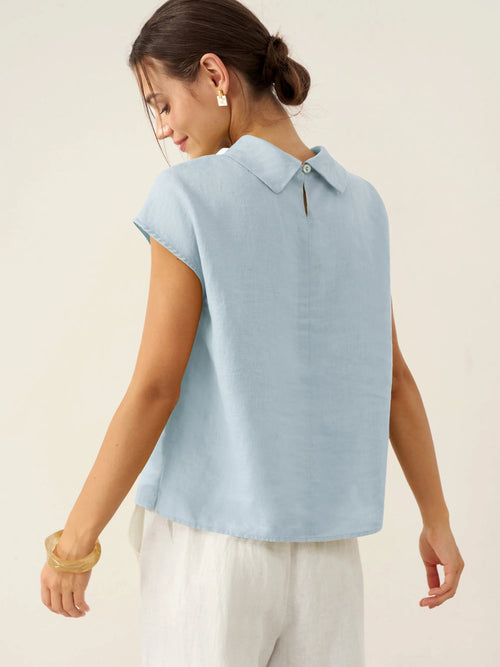100% Linen Cap Sleeve Soft-Fold Collar Top YVONNE