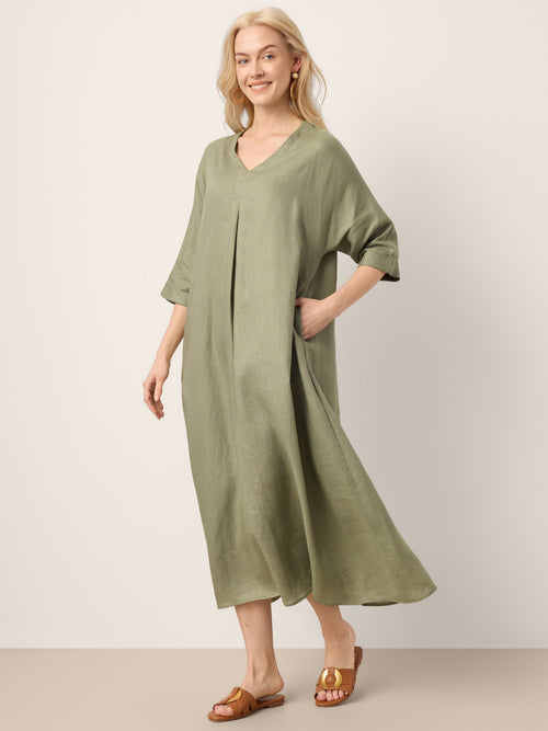 100% Linen Center Pleat V-Neck Cuffed Sleeve Midi Dress ZENOBIA