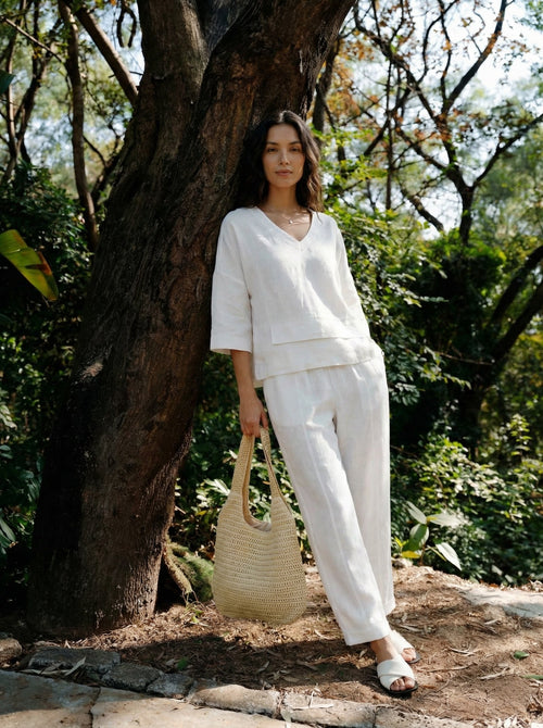 100% Linen Drop Shoulder Asymmetric Layered Hem Overtop VIOLA