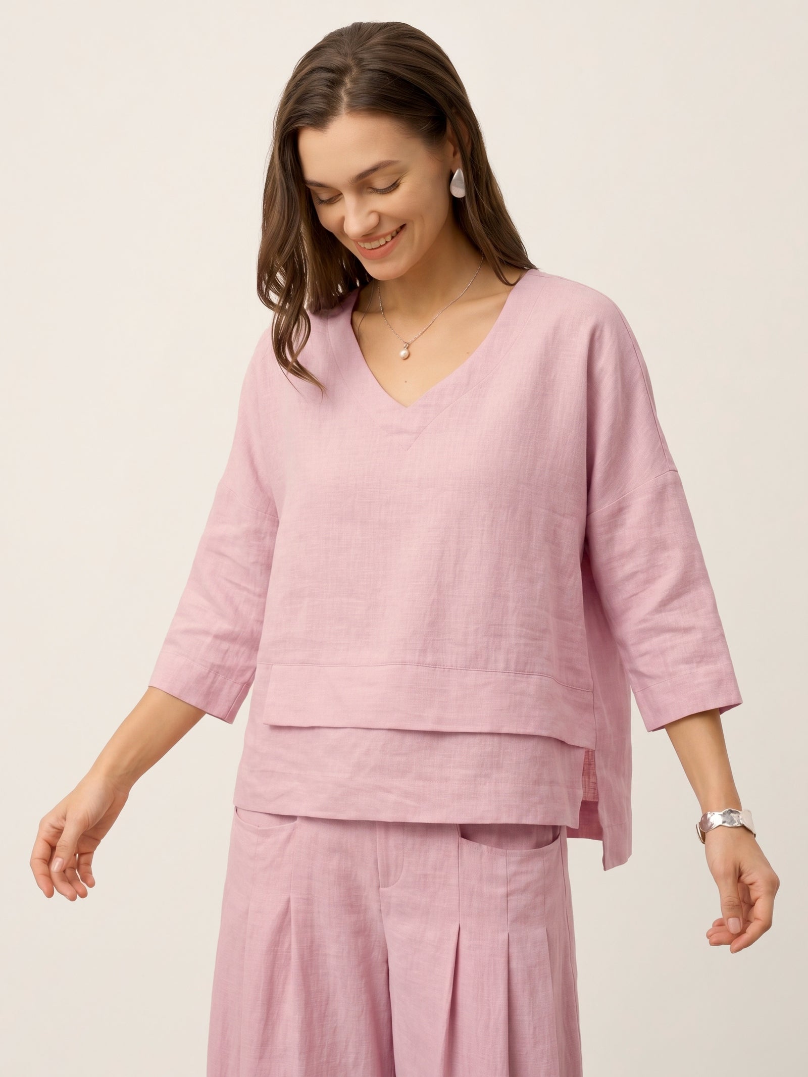 100% Linen Drop Shoulder Asymmetric Layered Hem Overtop VIOLA
