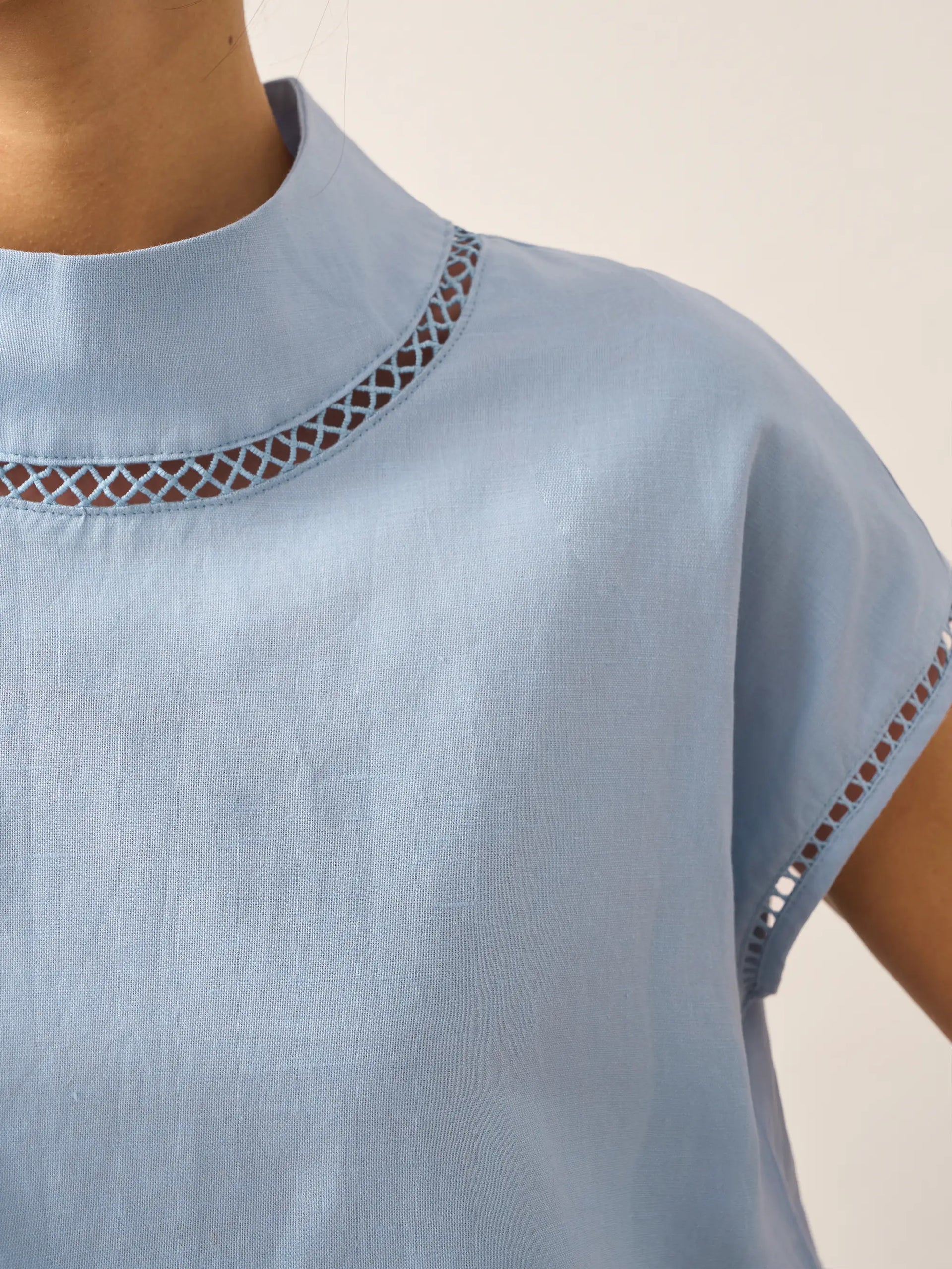 Linen-Cotton Gingham Cutout Turtleneck Top CAROL