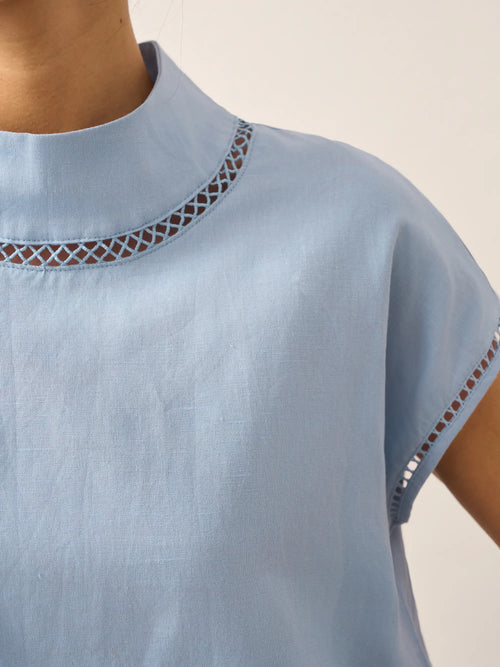 Linen-Cotton Gingham Cutout Turtleneck Top CAROL