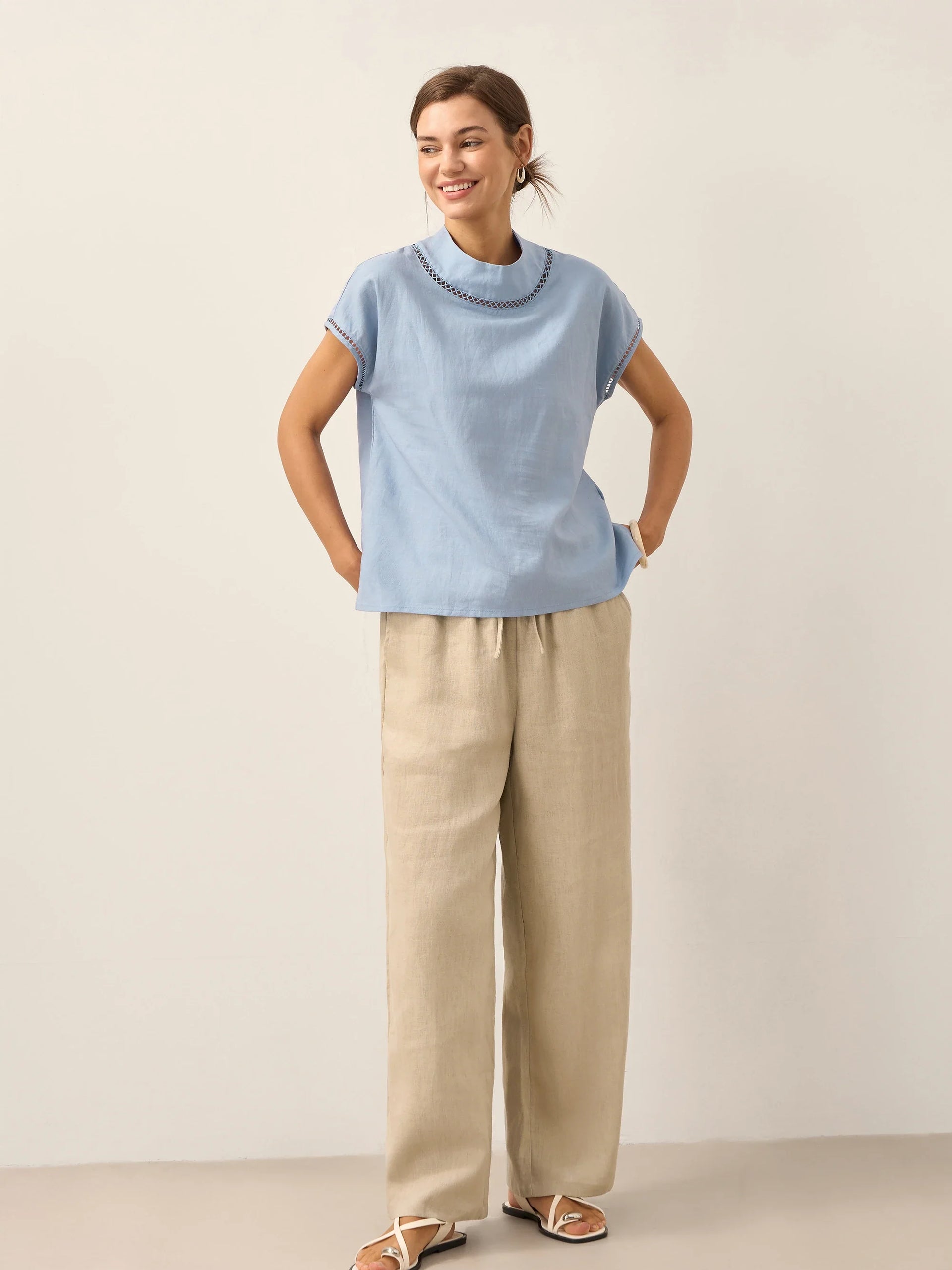 Linen-Cotton Gingham Cutout Turtleneck Top CAROL