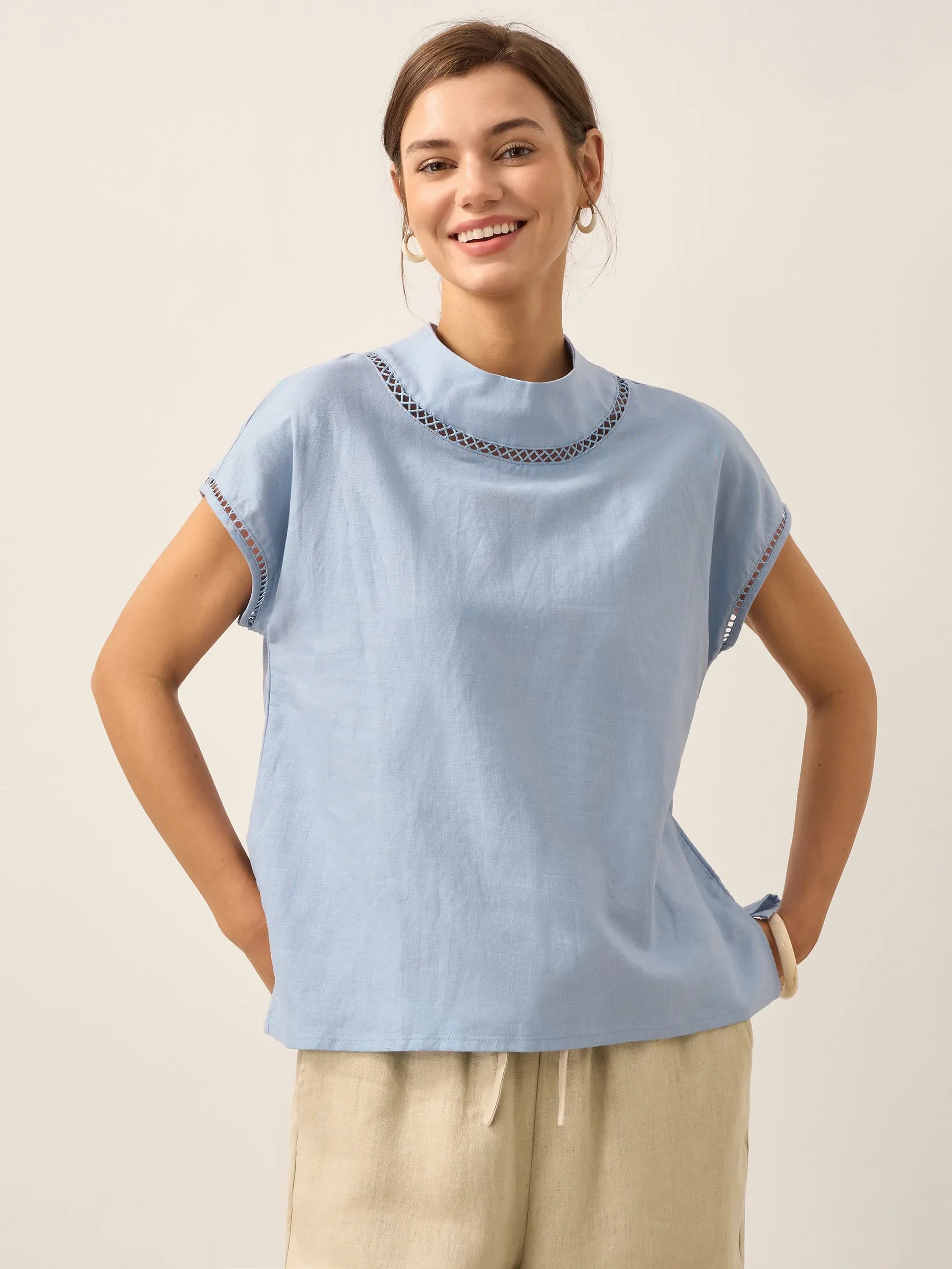 Linen-Cotton Gingham Cutout Turtleneck Top CAROL