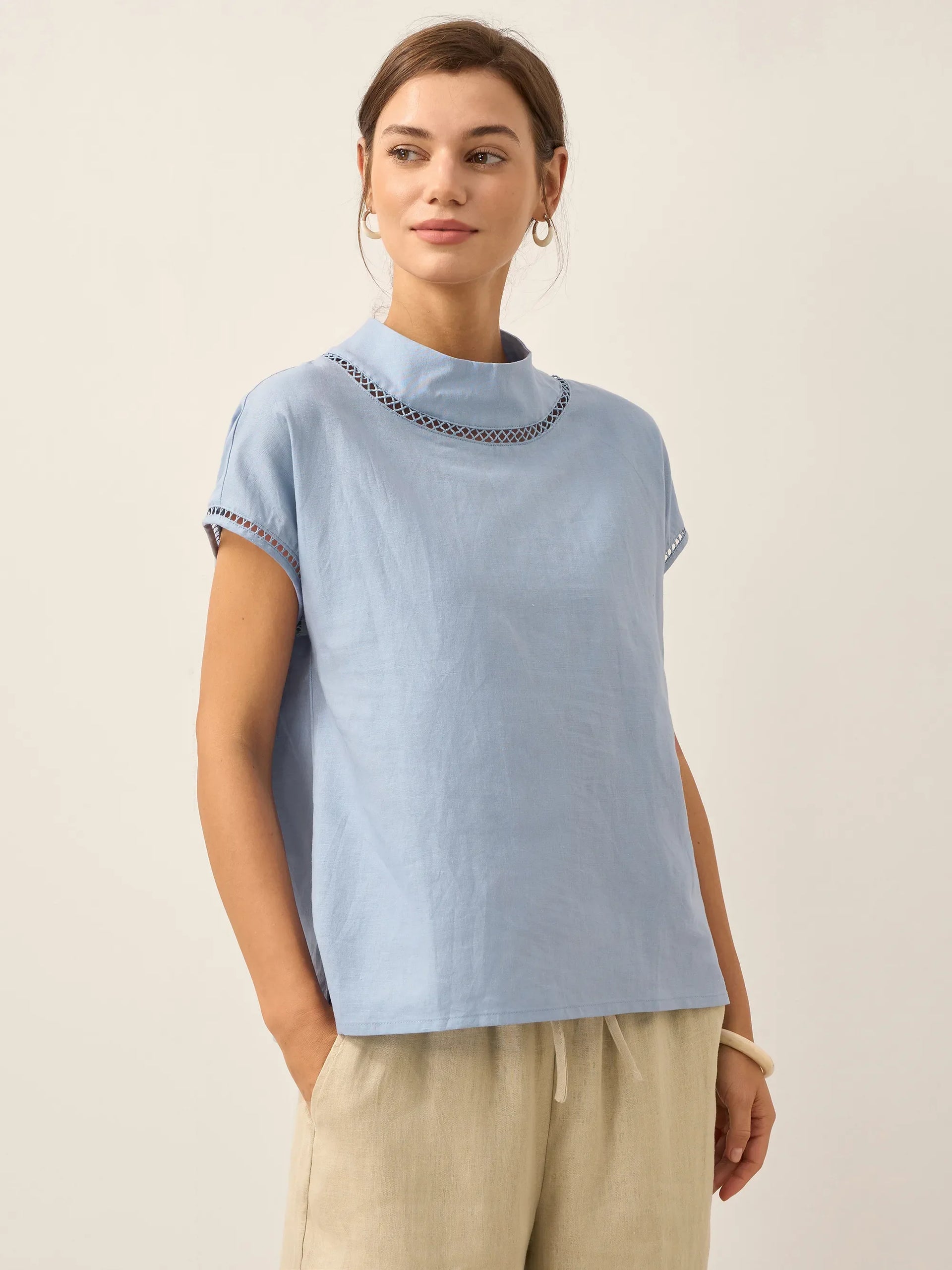 Linen-Cotton Gingham Cutout Turtleneck Top CAROL