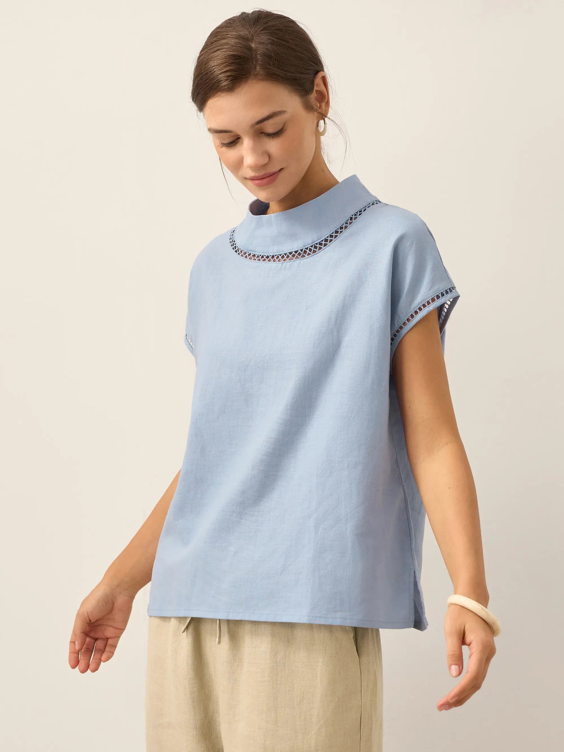 Linen-Cotton Gingham Cutout Turtleneck Top CAROL