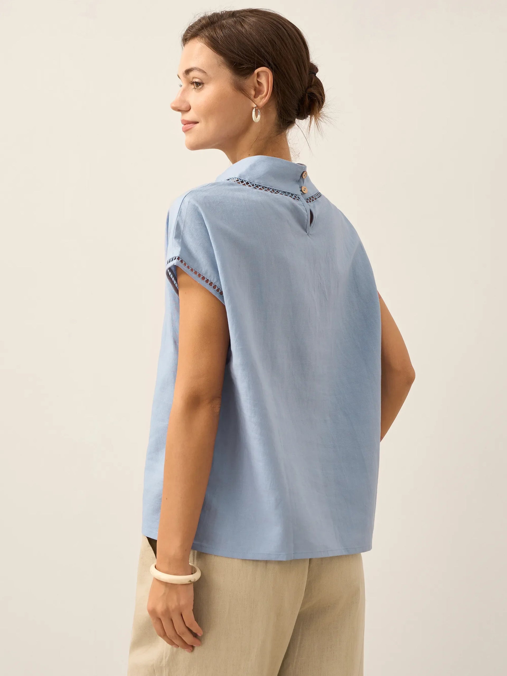 Linen-Cotton Gingham Cutout Turtleneck Top CAROL