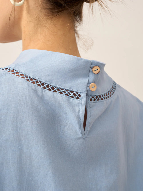 Linen-Cotton Gingham Cutout Turtleneck Top CAROL