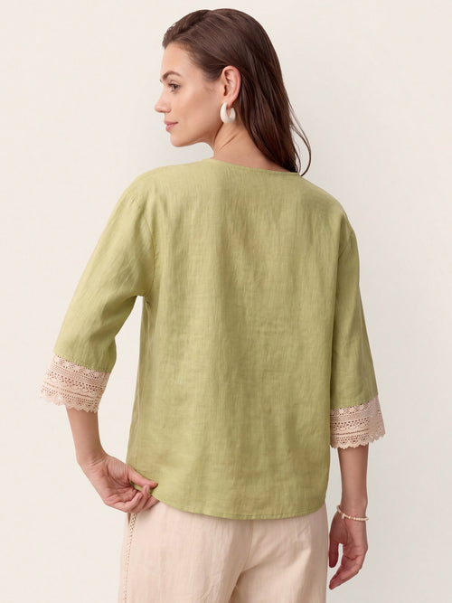 100% Linen Lace-Trim V-Neck Top KEELY