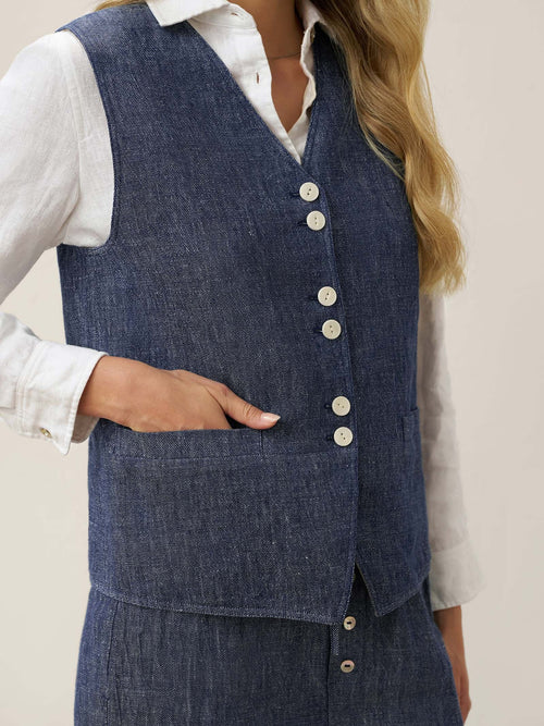 100% Linen Reversible Denim Texture Button Front Vest HARPER