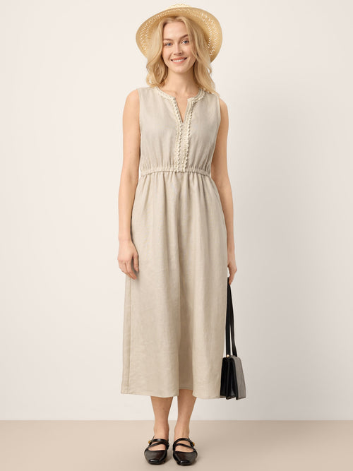 100% Linen Ruffle Trim Elasticated Waist Sleeveless Midi Dress LUCINDA