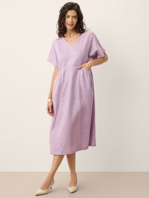 100% Linen Sculpted Waist Batwing Midi Dress TIVIA