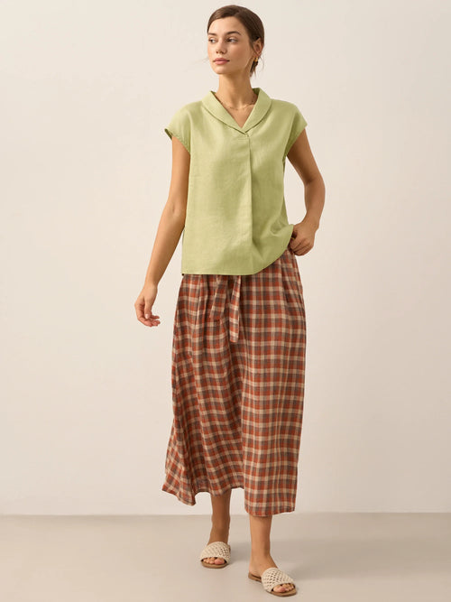 100% Linen Shawl V-Neck Cap Sleeves Top ELARA
