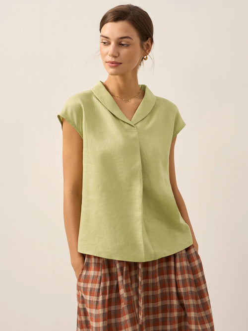 100% Linen Shawl V-Neck Cap Sleeves Top ELARA