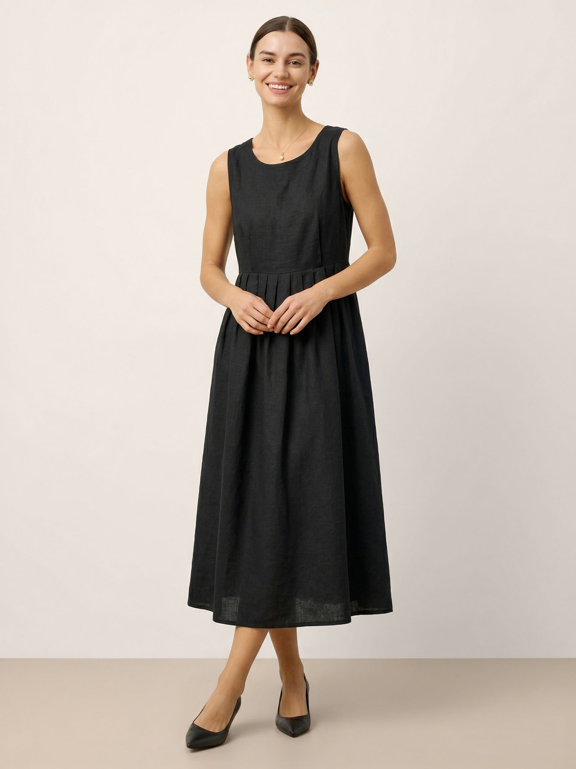 100% Linen Sleeveless Crew Neck Waist Pleated Midi Dress SELENE