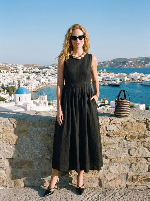 100% Linen Sleeveless Crew Neck Waist Pleated Midi Dress SELENE