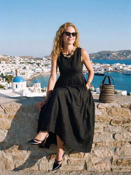 100% Linen Sleeveless Crew Neck Waist Pleated Midi Dress SELENE