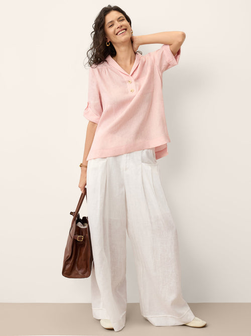 100% Linen Soft Collar Tab Sleeve Top OLGA