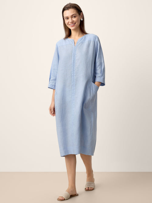100% Linen Split-Neck Patch-Pocket Mini Dress KALINA