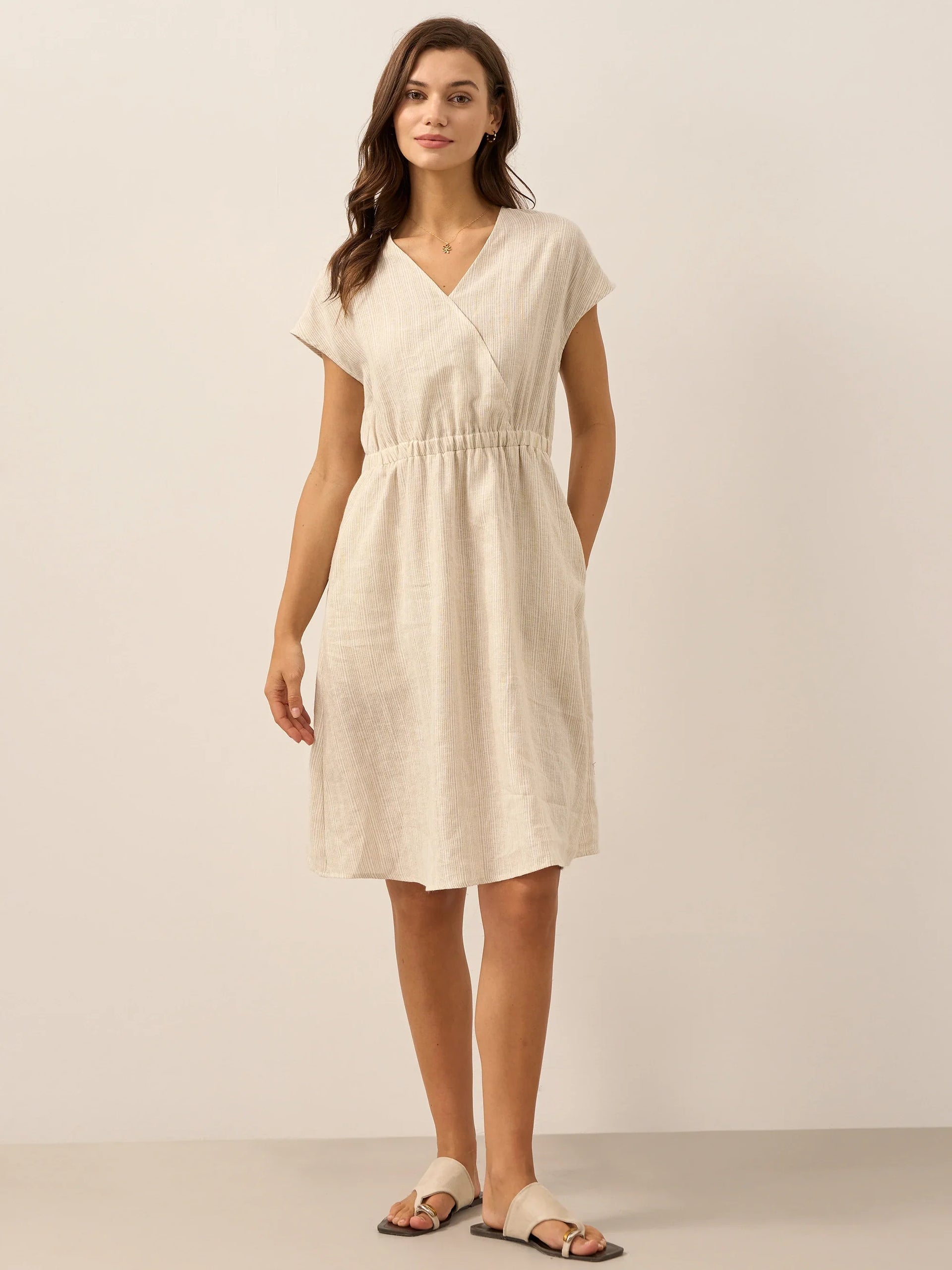 100% Linen Striped Elastic-Waist Mini Dress ARIA