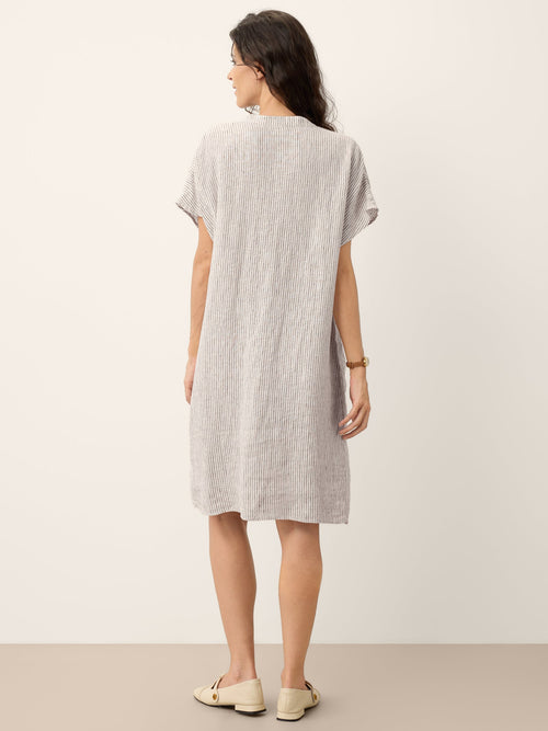 100% Linen Striped Ruffle Placket Shirt Dress GLORIA