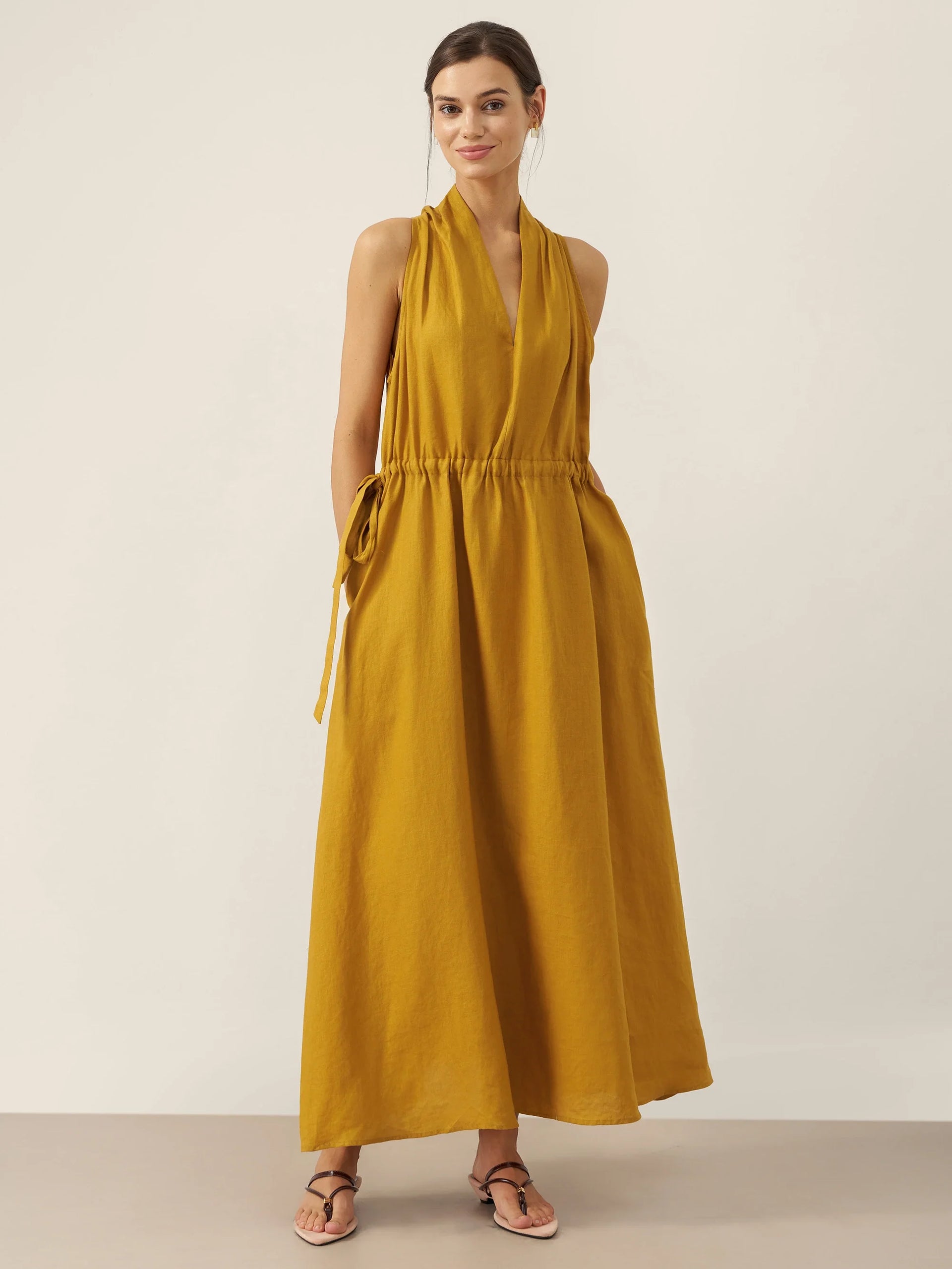 100% Linen V-Neck Halter Maxi Dress BETH