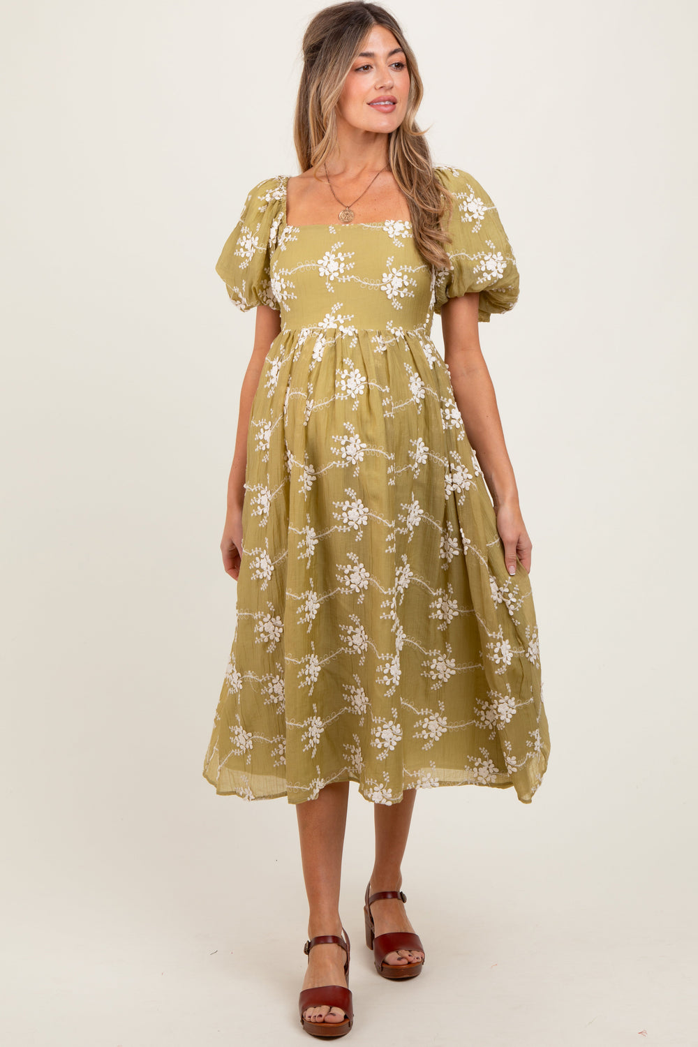 PinkBlush Women's Olive Textured Maternity Midi Dress