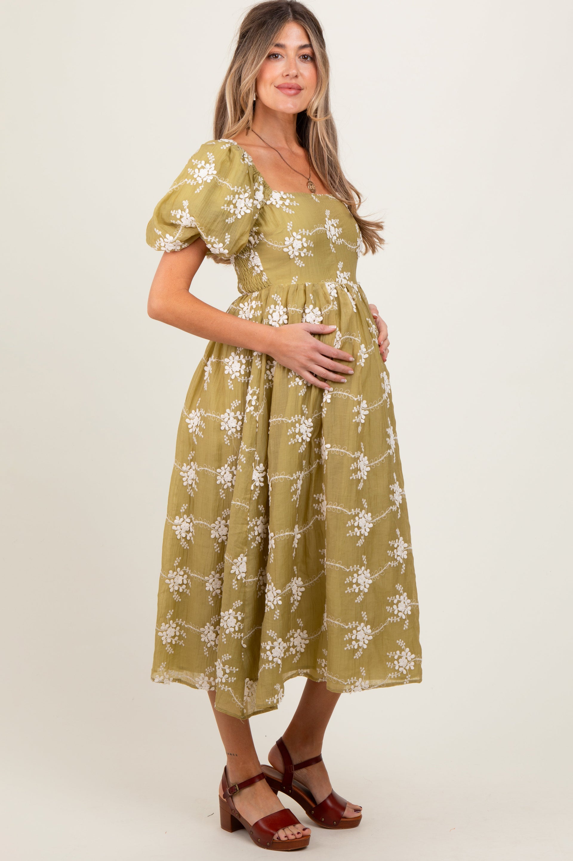 PinkBlush Women's Olive Textured Maternity Midi Dress