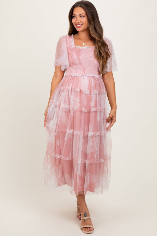 Pink Smocked Top Mesh Ruffled Maternity Midi Dress