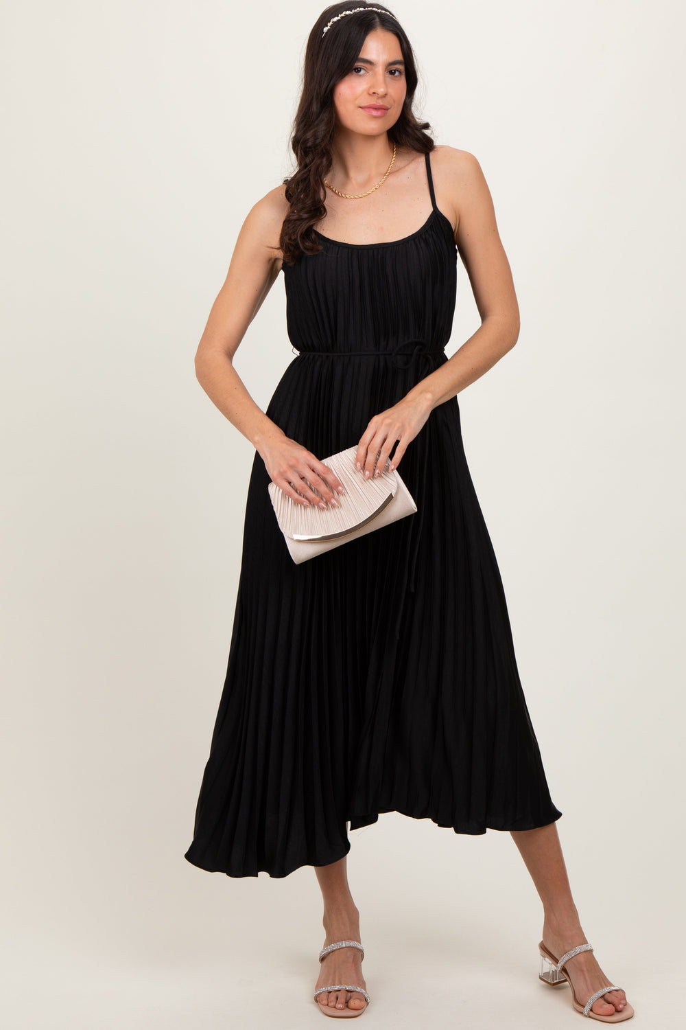 PinkBush Women's Black Pleated Sash Tie Midi Dress