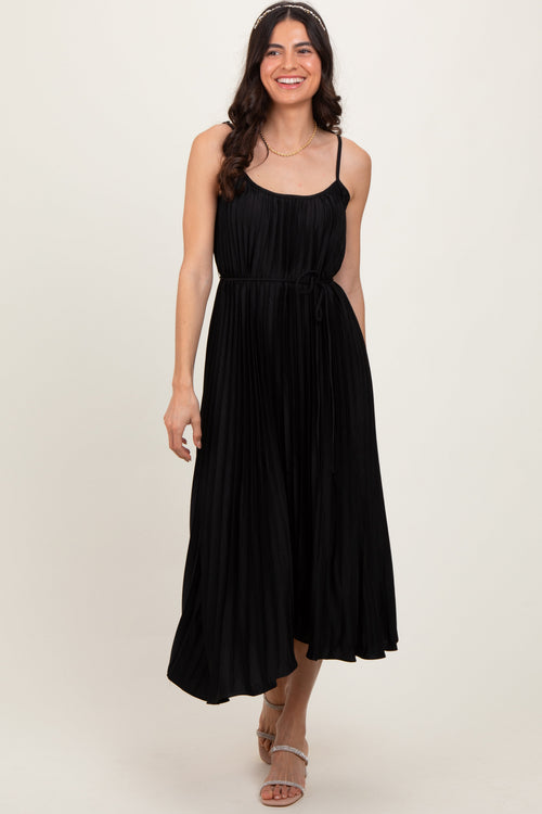 PinkBush Women's Black Pleated Sash Tie Midi Dress