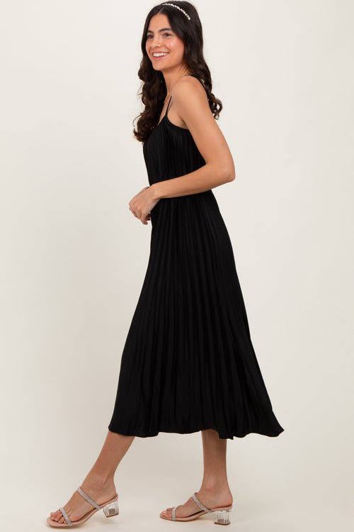 PinkBush Women's Black Pleated Sash Tie Midi Dress