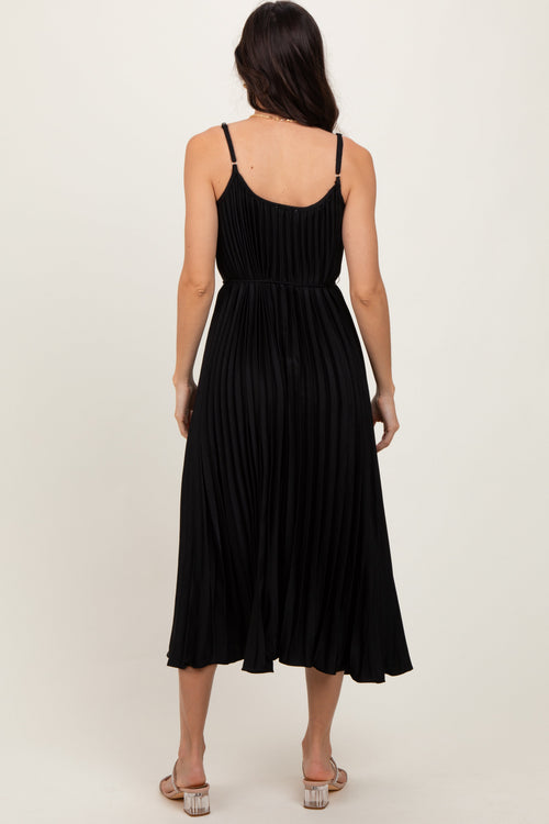 PinkBush Women's Black Pleated Sash Tie Midi Dress