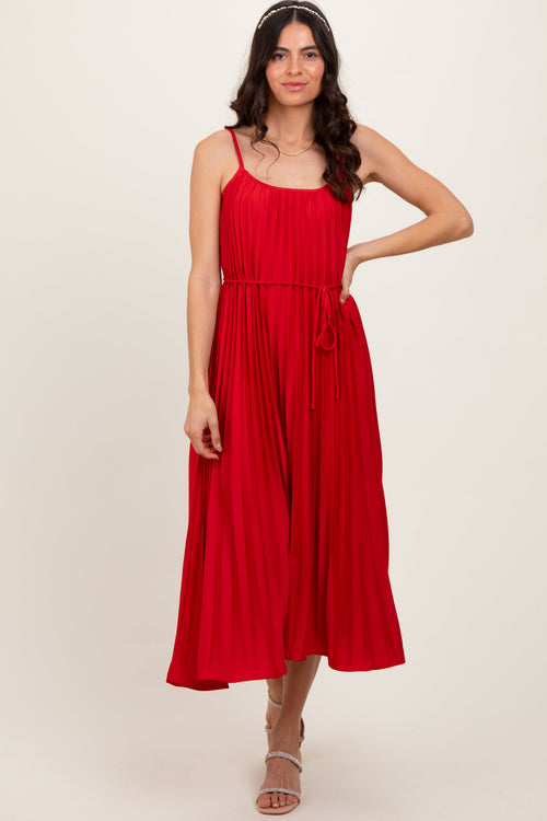 PinkBlush Women's Red Pleated Sash Tie Maternity Midi Dress