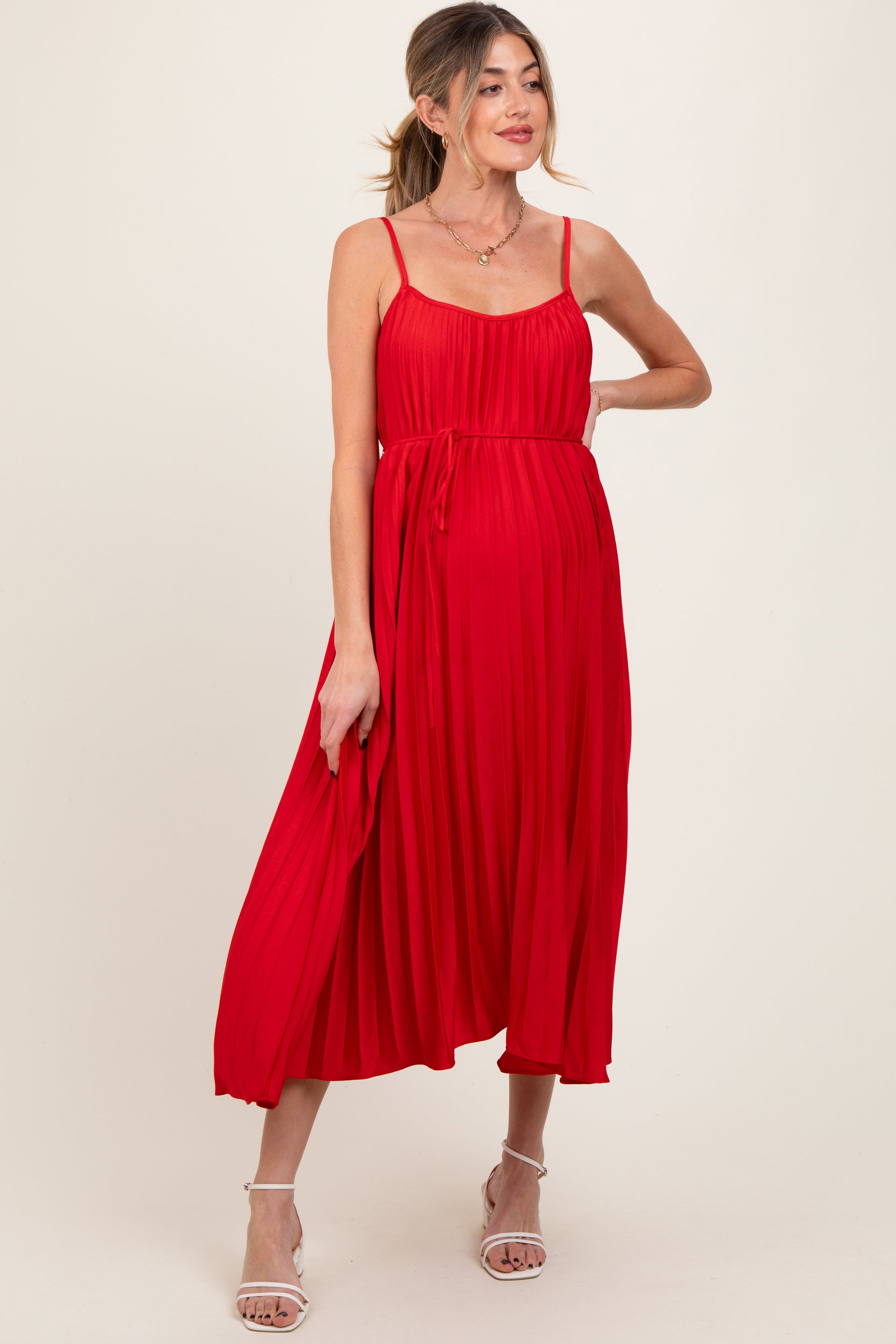 PinkBlush Women's Red Pleated Sash Tie Maternity Midi Dress