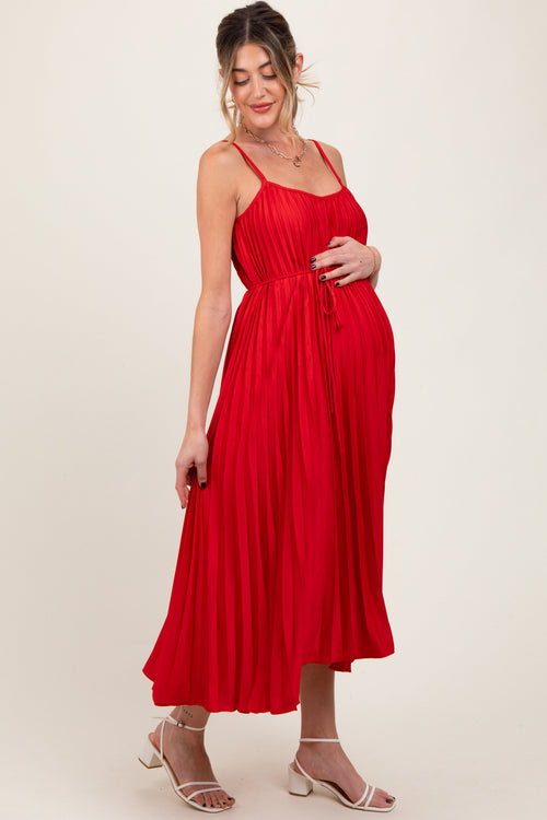 PinkBlush Women's Red Pleated Sash Tie Maternity Midi Dress