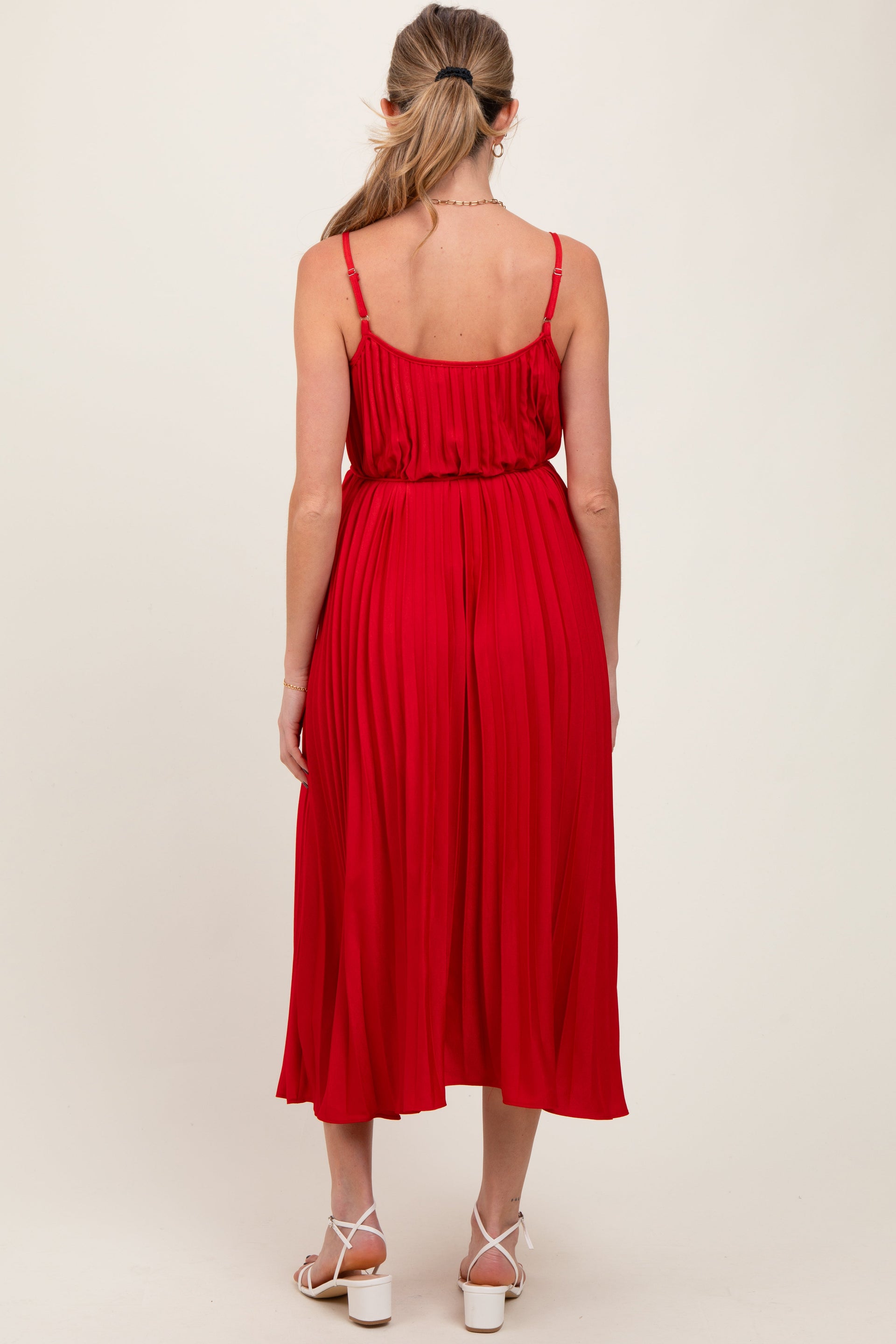 PinkBlush Women's Red Pleated Sash Tie Maternity Midi Dress