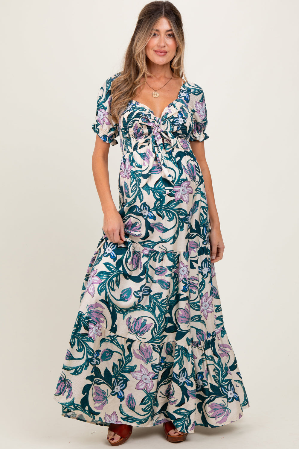 PinkBlush Women's Teal Floral Smocked Front Tie Maternity Maxi Dress