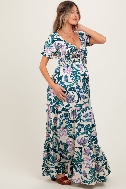 Teal Floral Smocked Front Tie Maternity Maxi Dress