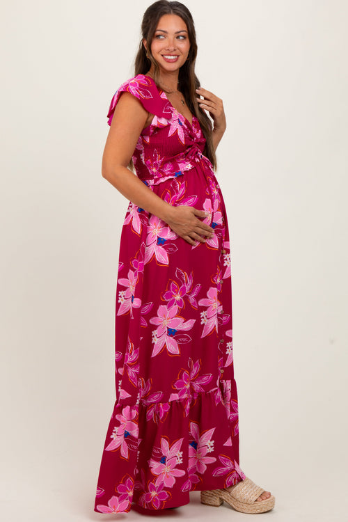 Magenta Floral Smocked Cinched Top Maternity Maxi Dress