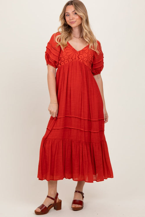 PinkBlush Women's Rust Crochet Detail Bodice Midi Dress