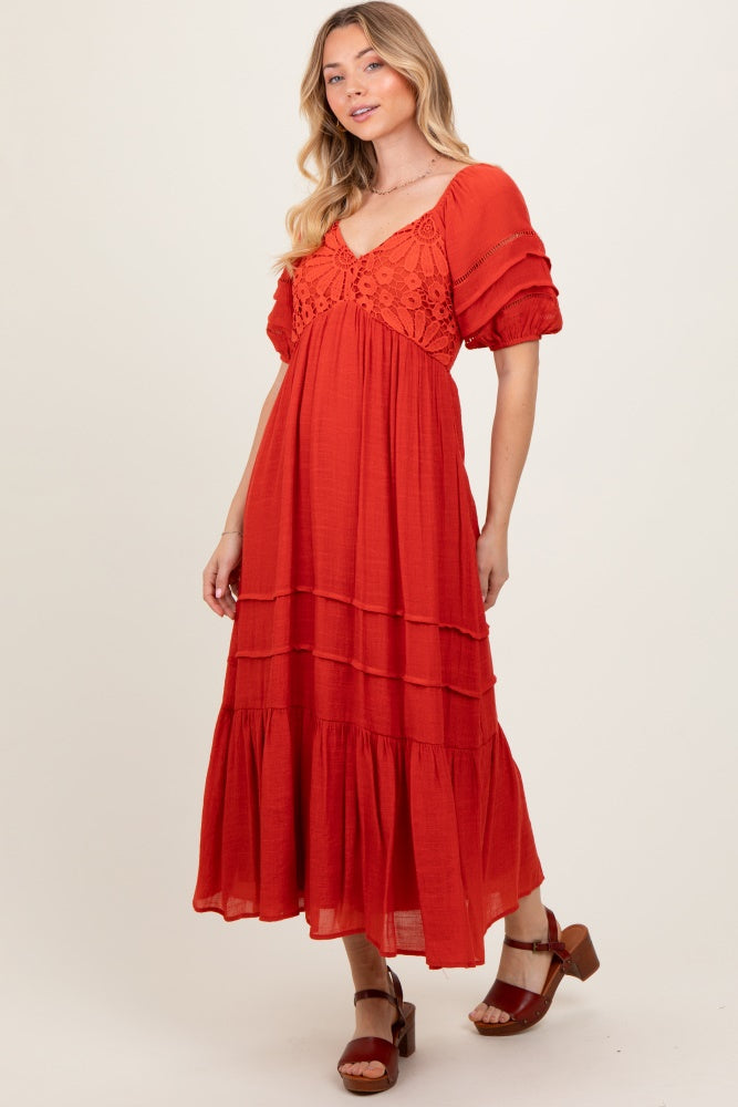 PinkBlush Women's Rust Crochet Detail Bodice Midi Dress