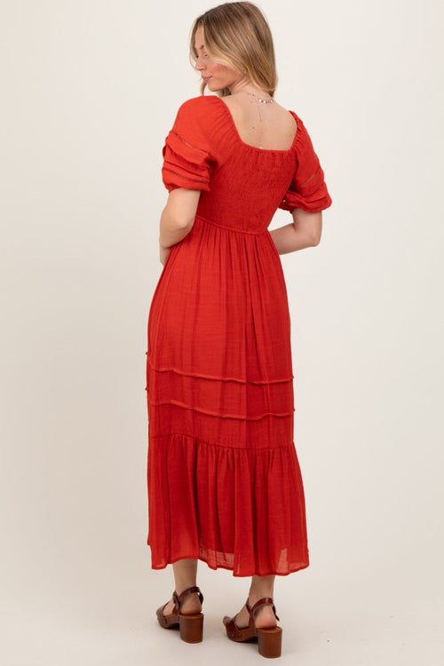 PinkBlush Women's Rust Crochet Detail Bodice Midi Dress