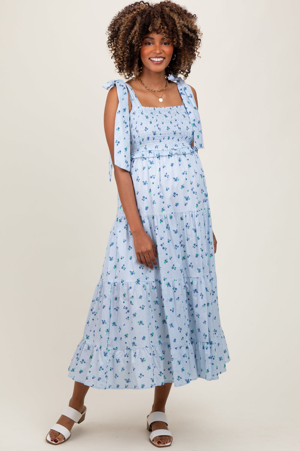 PinkBlush Women's Light Blue Floral Striped Smocked Shoulder Tie Maternity Maxi Dress