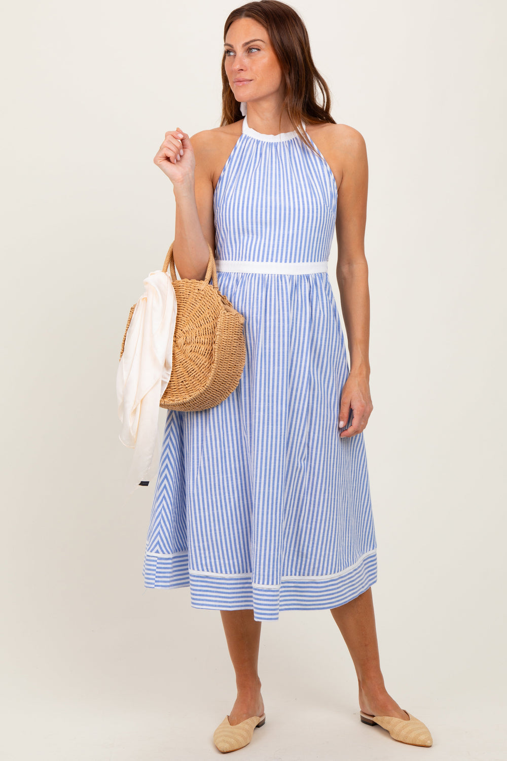 Blue Striped Halter Maternity Tie Back Cutout Midi Dress