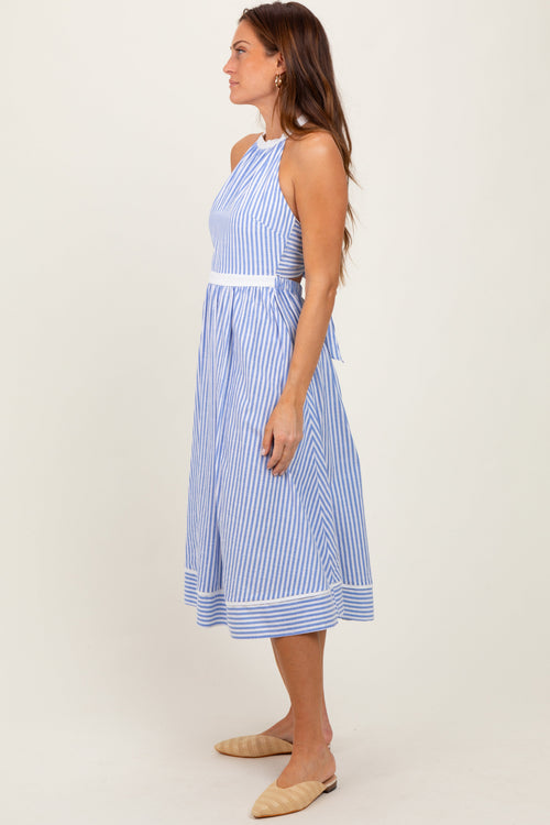 Blue Striped Halter Maternity Tie Back Cutout Midi Dress