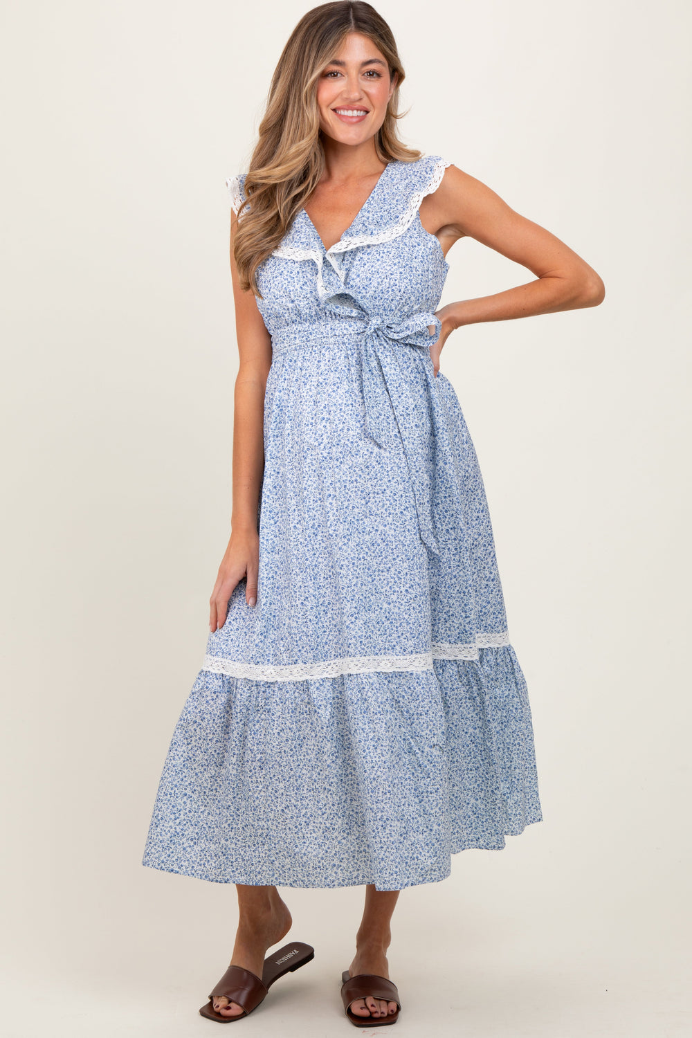 PinkBlush Women's Light Blue Ruffled Floral Cotton Maternity Maxi Dress